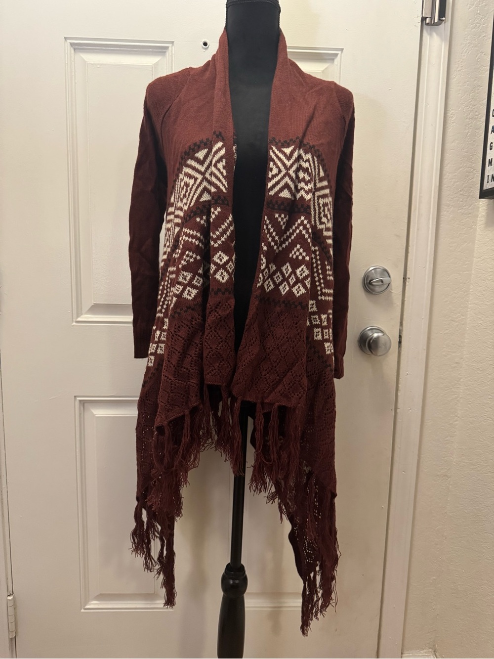 Hippie Rose Maroon Open-Front Fringe Knit Cardigan with White Pattern 0383